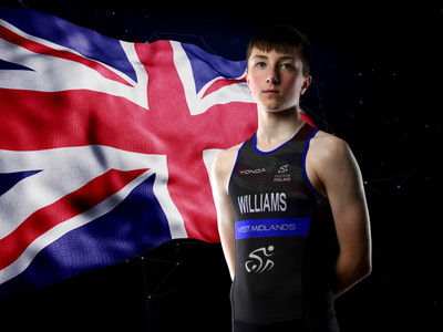 Triathlete portrait against a Union Jack Flag